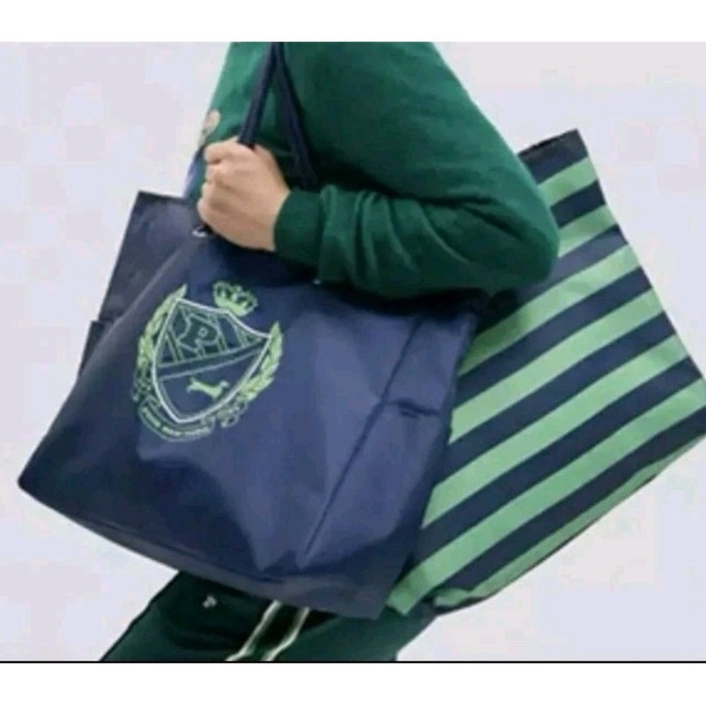 Victorias Secret PINK Reversible Lrg Canvas Tote Bag Navy Green Travel Beach NWT
